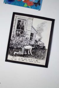 Drawing Of Outdoor Scene With Person On Hands And Knees, In Front Of A House, With Lawnmower