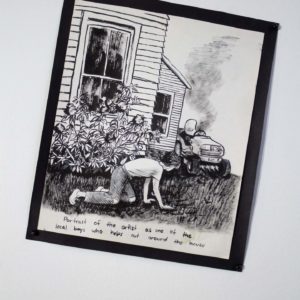 Drawing Of Outdoor Scene With Person On Hands And Knees, In Front Of A House, With Lawnmower