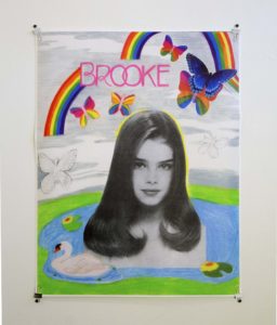 Print Clipped To Wall, With Portrait Of Girl Overlaid Onto A Pond With Decorative Text 'Brooke', Rainbows, Butterfiles.