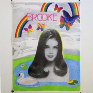 Print Clipped To Wall, With Portrait Of Girl Overlaid Onto A Pond With Decorative Text 'Brooke', Rainbows, Butterfiles.