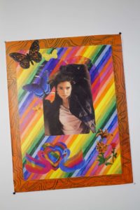 Print, With Photo Of Young Girl Posing Overlaid On Multicolored Striped Background, With Overlaid Decorative Multicolored Flowers, Birds, Hearts, Butterflies, With Abstract Border