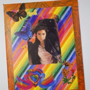 Print, With Photo Of Young Girl Posing Overlaid On Multicolored Striped Background, With Overlaid Decorative Multicolored Flowers, Birds, Hearts, Butterflies, With Abstract Border