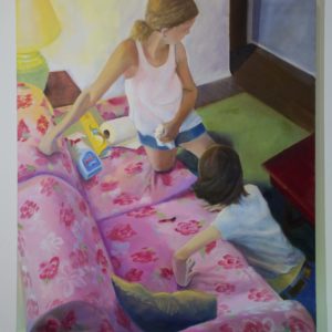 Painting, Above View Of Two Girls With Cleaning Supplies On Pink Floral-patterned Couch, Looking To Right Of Scene