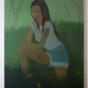 Painting Of Kneeling Girl In Grass With Outlines Of Trees