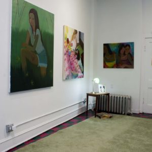 Photo Of Gallery, Three Paintings In Situ With Found Object Installation On Green Rug