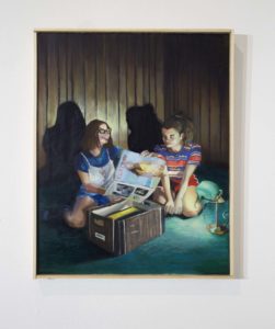 Painting Of Two Girls In Wood-paneled Room, Kneeling In Front Of Banker's Box, Looking At Playboy Magazine, With Lamp Throwing Light Onto Figures