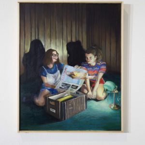 Painting Of Two Girls In Wood-paneled Room, Kneeling In Front Of Banker's Box, Looking At Playboy Magazine, With Lamp Throwing Light Onto Figures