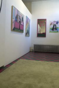 Photo Of Gallery, Three Artworks In Situ With Mirror And Green Rug