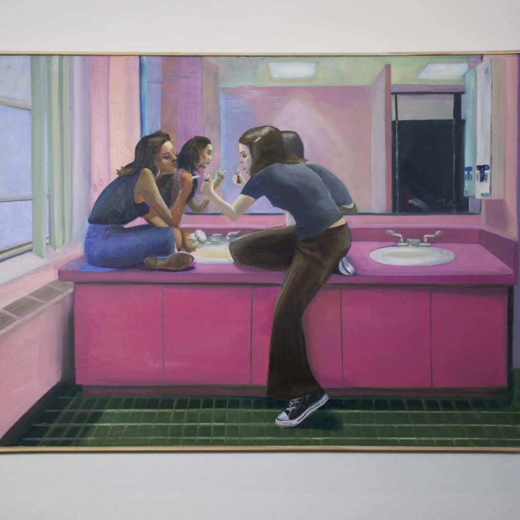 Painting of two girls sitting on pink bathroom vanity, smoking a cigarette