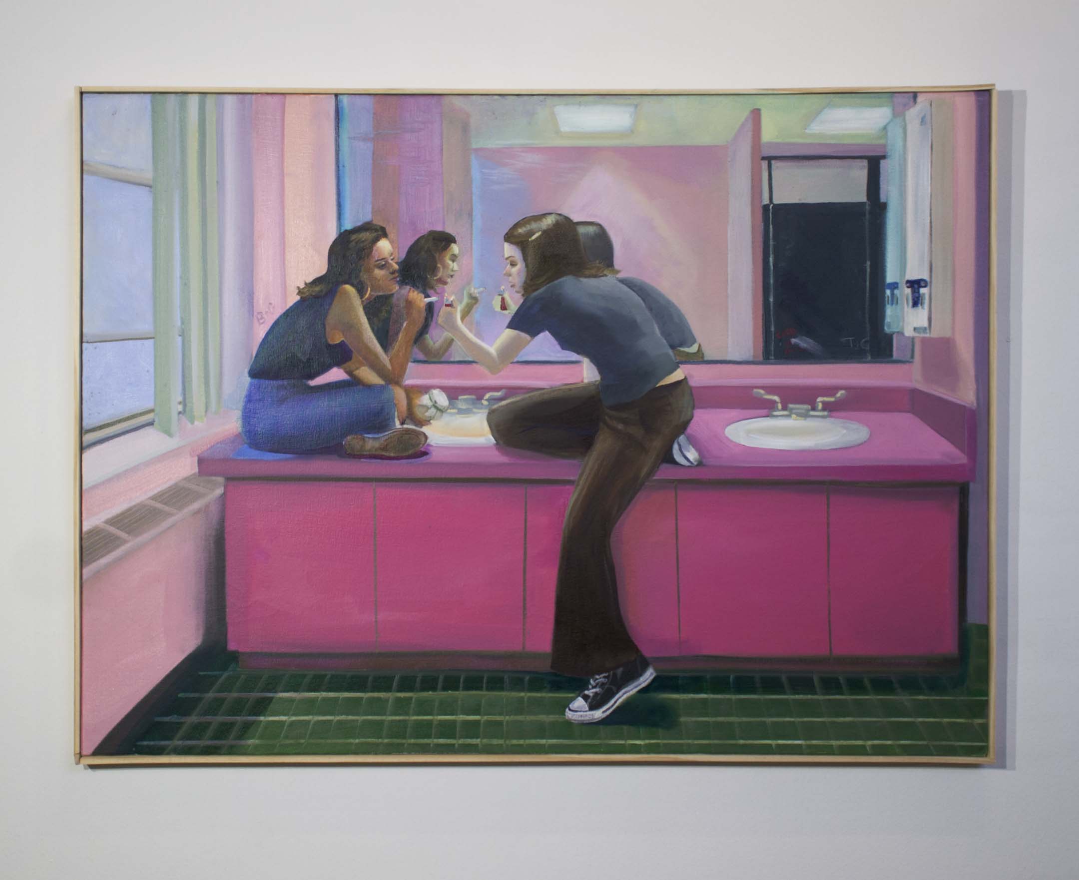 Painting of two girls sitting on pink bathroom vanity, smoking a cigarette